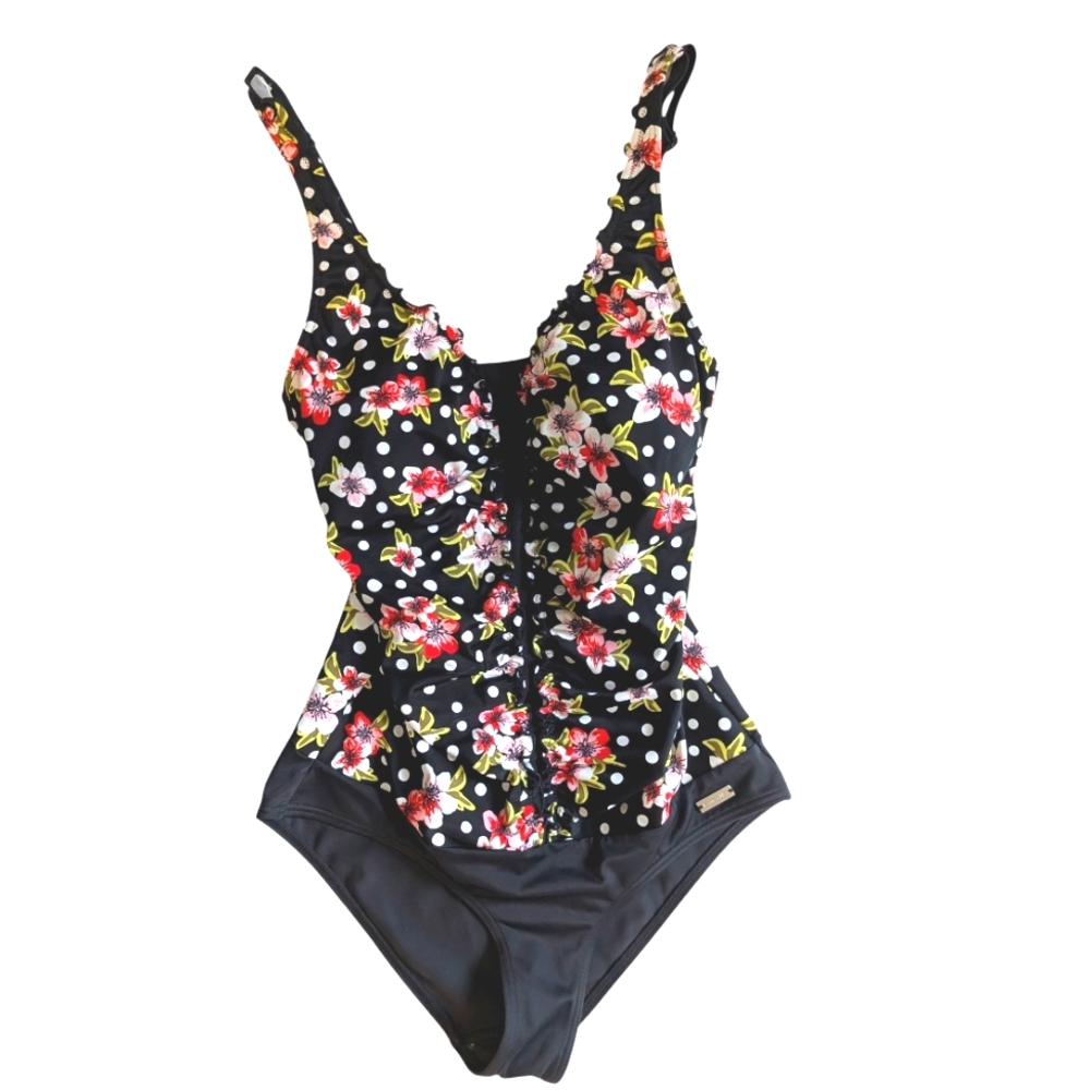 Lascana for Venus ruched one piece black and pink floral swim suit